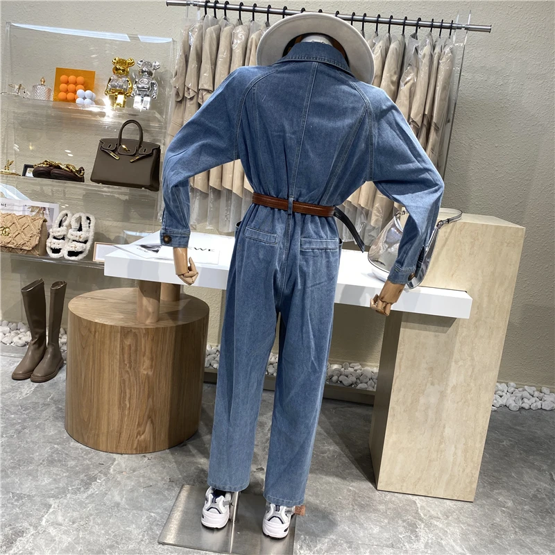 

Send Belt Niche Design Lapel Double-button High-waisted Denim One-piece Vintage Hong Kong Style Casual Cargo Jumpsuit