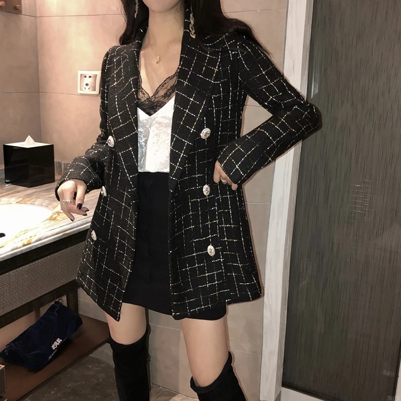 

Double Breasted Plaid Tweed Jackets Women Notched Autumn Winter Coats Korean Loose White Black Office Long Sleeve Vintage B614