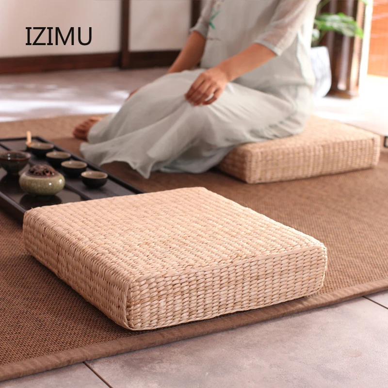 

IZIMU Thick Cushion Pillow Eco-Friendly Rectangle Straw Cushion Hand Woven Tatami Floor Mat Yoga Tea Ceremony Meditation Pad