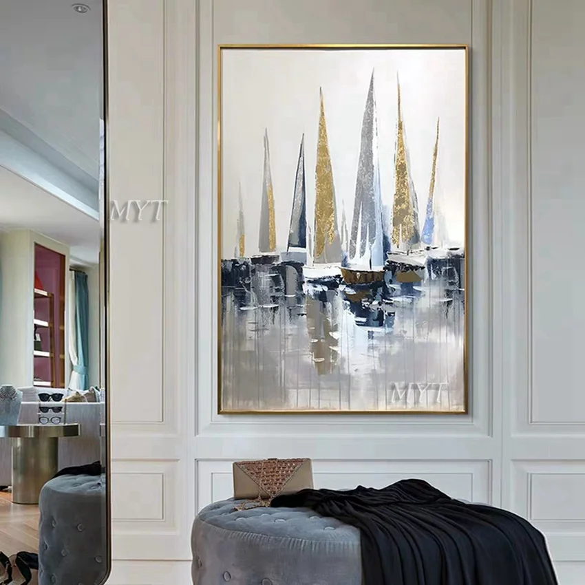 

100% Handpainted Oil Painting On Canvas Color Sea Boat Oil Painting Abstract Modern Canvas Wall Art Living Room Decor Picture