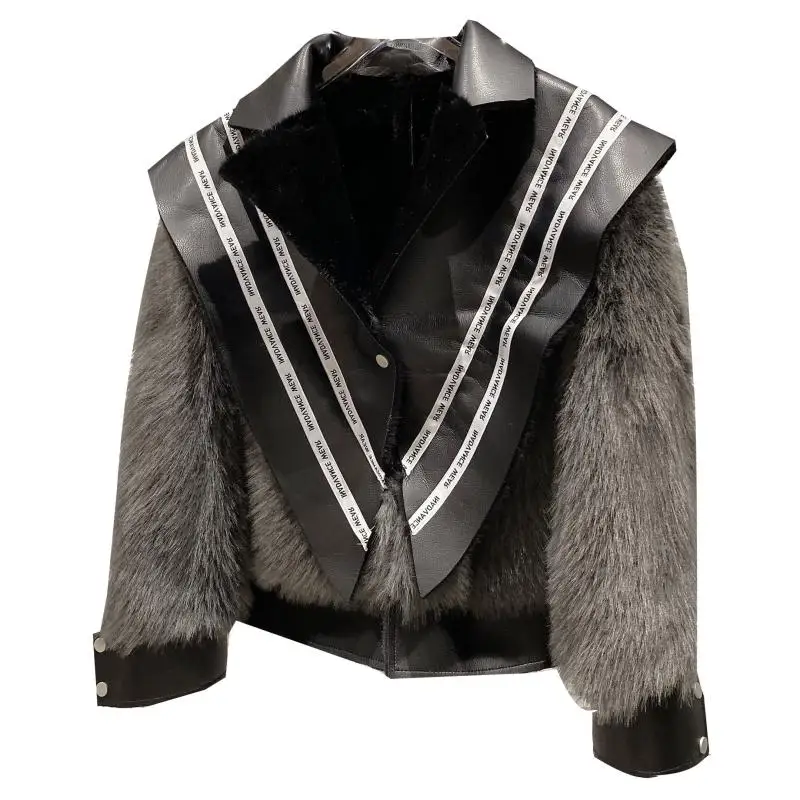 

Winter New Fashion College Wind Letter Shawl Collar Plush Leather Jacket Thick Women's Short Fur Coat Warm Outwear