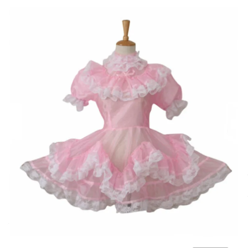 Sissy  Pink Organza lockable perspective maid dress uniform