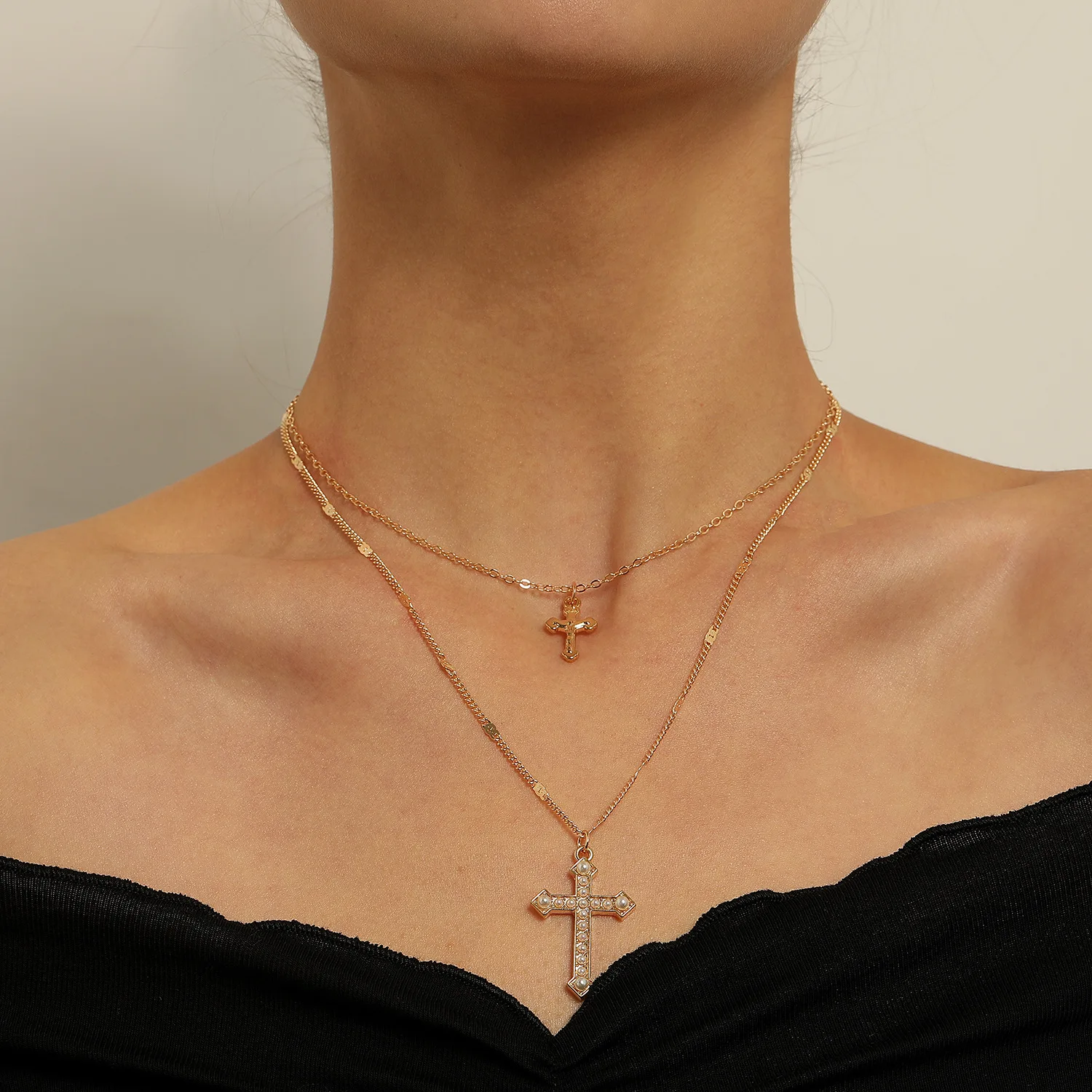 

Fashionable Simulation Pearl Cross Pendant Necklace For Women Double Layer Temperament Trendy Necklace Handmade New Jewelry