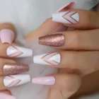 Накладные ногти, накладные ногти, симпатичный накладной гроб для ногтей, средние, короткие, прекрасный дизайн, блестящие смешанные сломанные линии, оптовая продажа