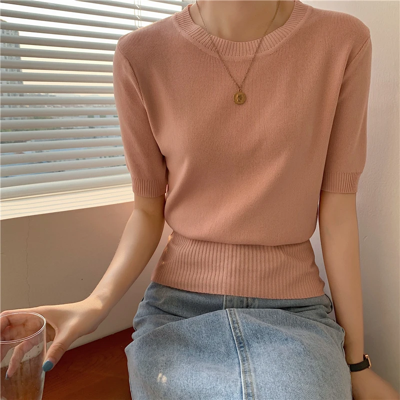 

HziriP Korean Solid Color O Neck All-Match Short-Sleeved Ladies T-Shirt 2021 Elegant Casual Hot Slim Chic Fashion Gentle Top