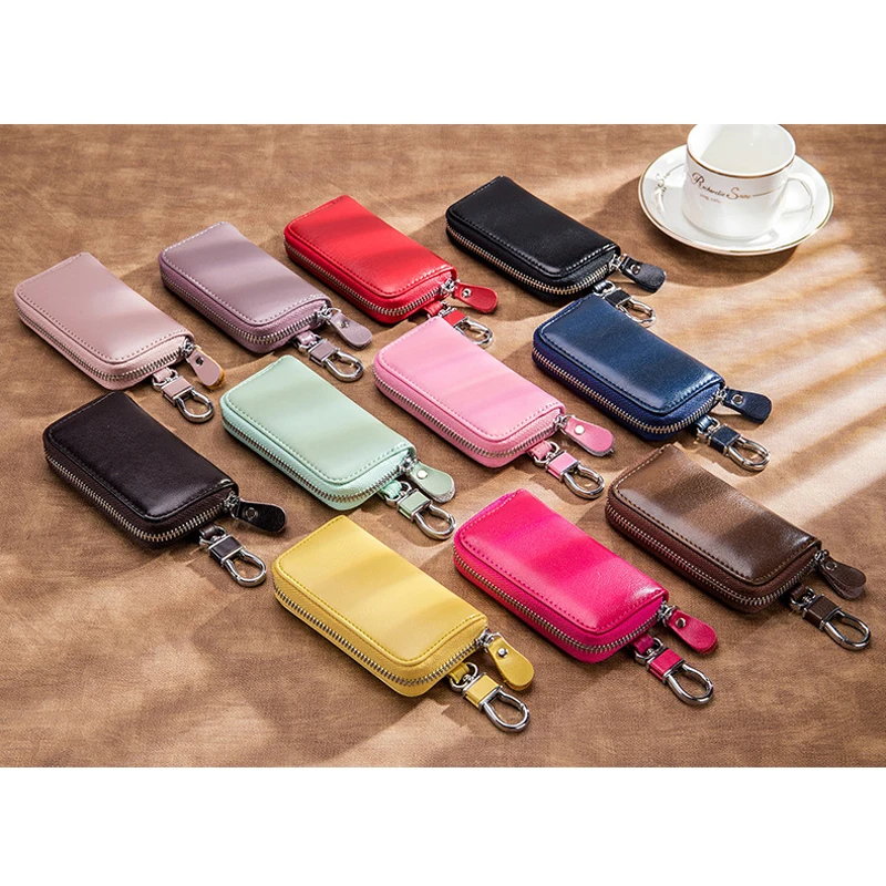 

BONAMIE Genuine Leather Keychain Men Women Key Holder Pouch Cow Split Car Zipper Key Bag Wallet Housekeeper Key Case Card Bag