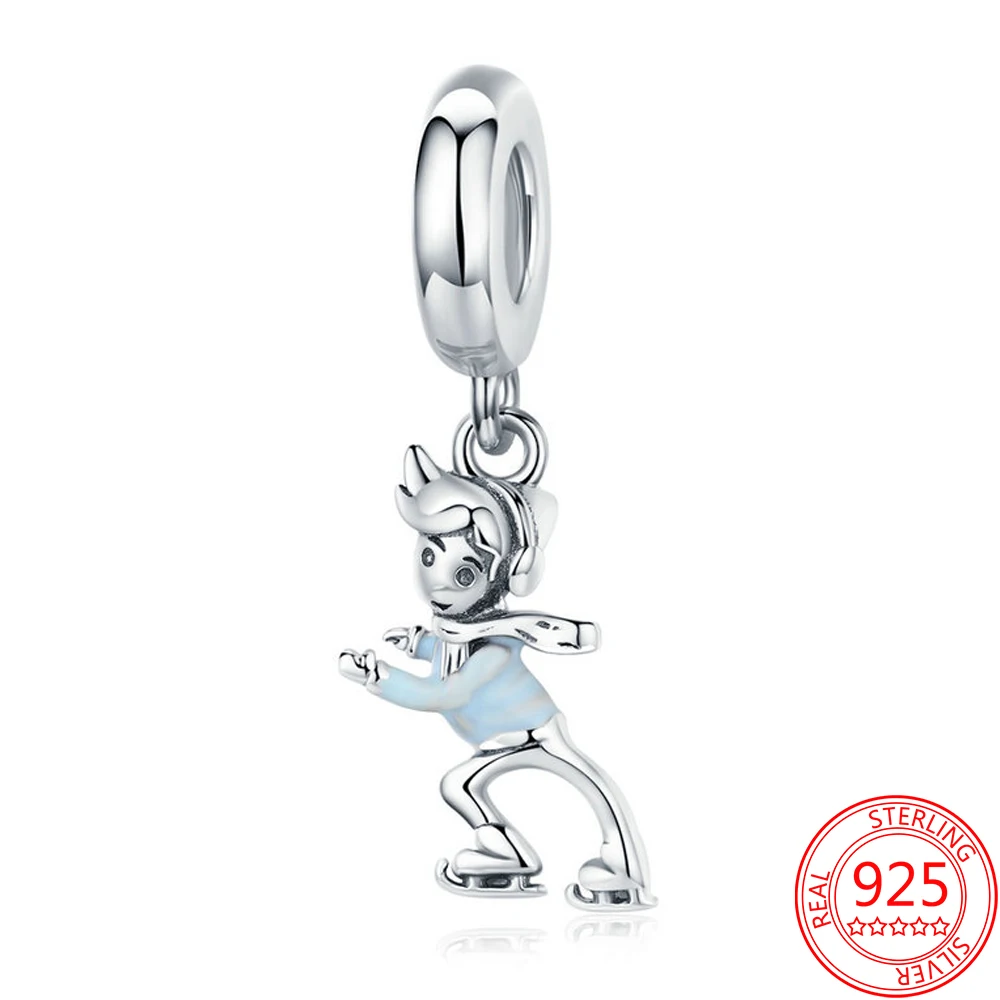 

Реальные 925 стерлингового серебра кулон для катания на лыжах, мальчик с очаровательной бусинкой подходит бренд браслет ювелирных изделий р...