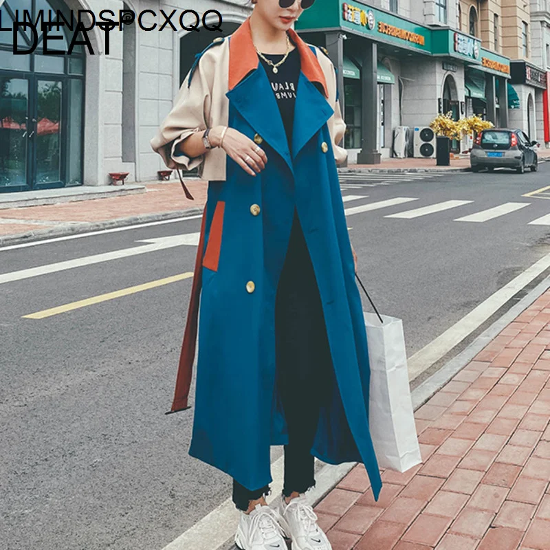 

Korean Clothe2021 New Autumn Fashion Women's Trench Coat England Style Hit Color Patchwork Full Sleeve Lapel Collar With Belt