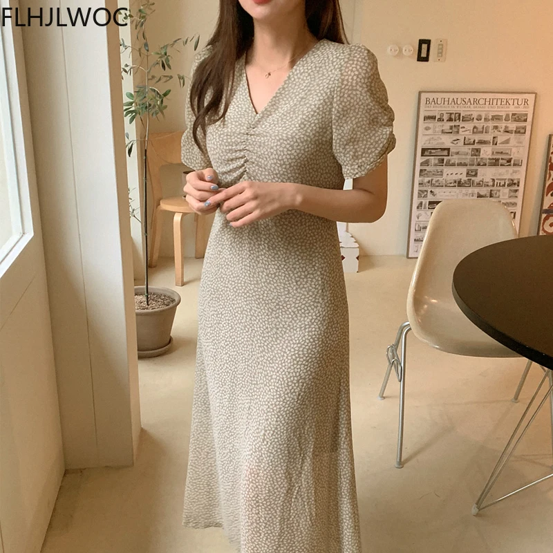 

Женское платье с цветочным принтом, длинное платье в Корейском стиле с драпировкой, праздничное винтажное платье для девушек, лето 2021