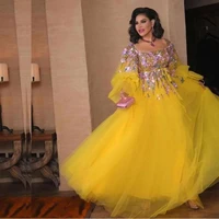 yellow princess evening dresses with purple 3d flower appliqued formal prom party gowns robes de mari%c3%a9e