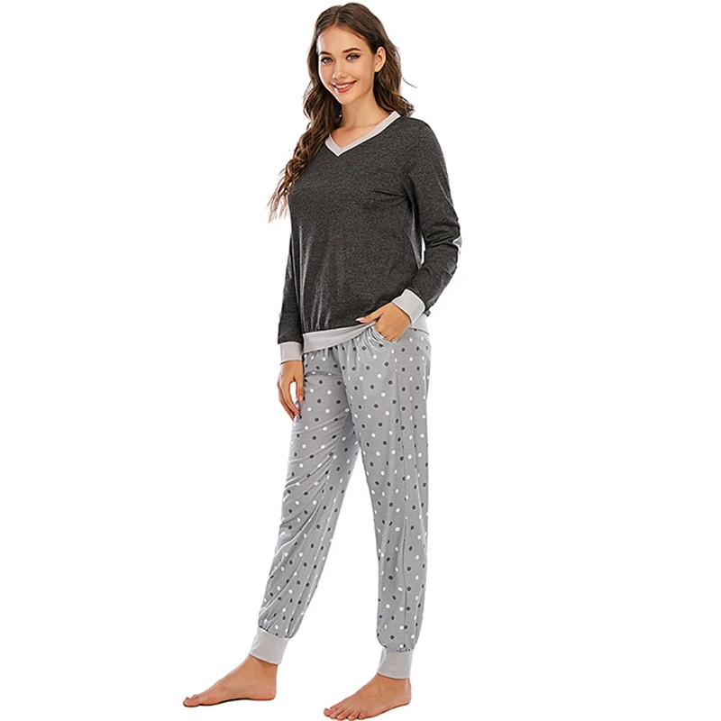 

Women Long-sleeved V-neck Wave Point Home Service Clothes Pajamas Sleep Pants Set Two-piece Set Autumn