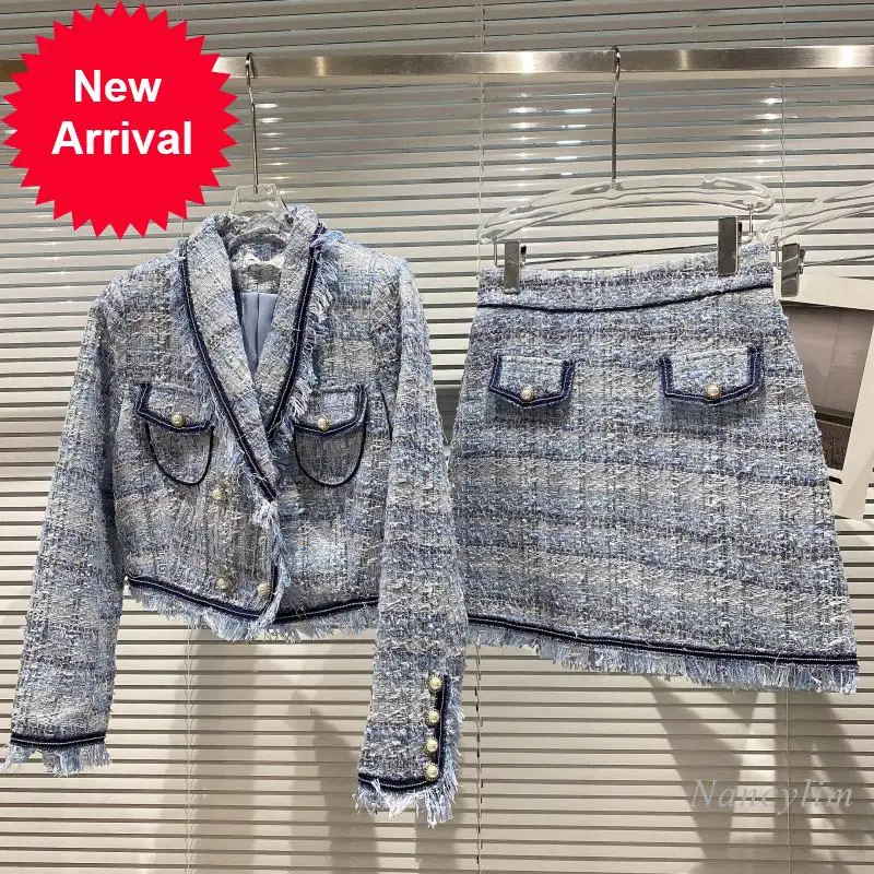 

Two Piece Sets Femme 2021 Autumn Outfits New Tweed Frayed Suit Jacket + Mini Skirt Tweedwear Lady Nancylim