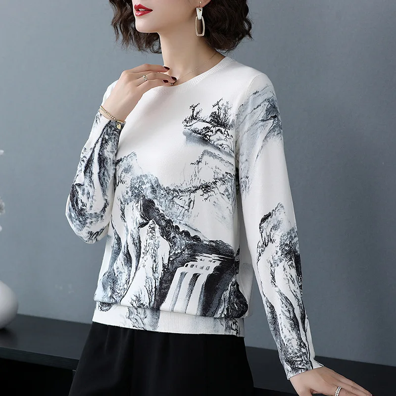 2020 new round neck Pullover loose Korean print women's sweater fashion ink landscape painting | Женская одежда