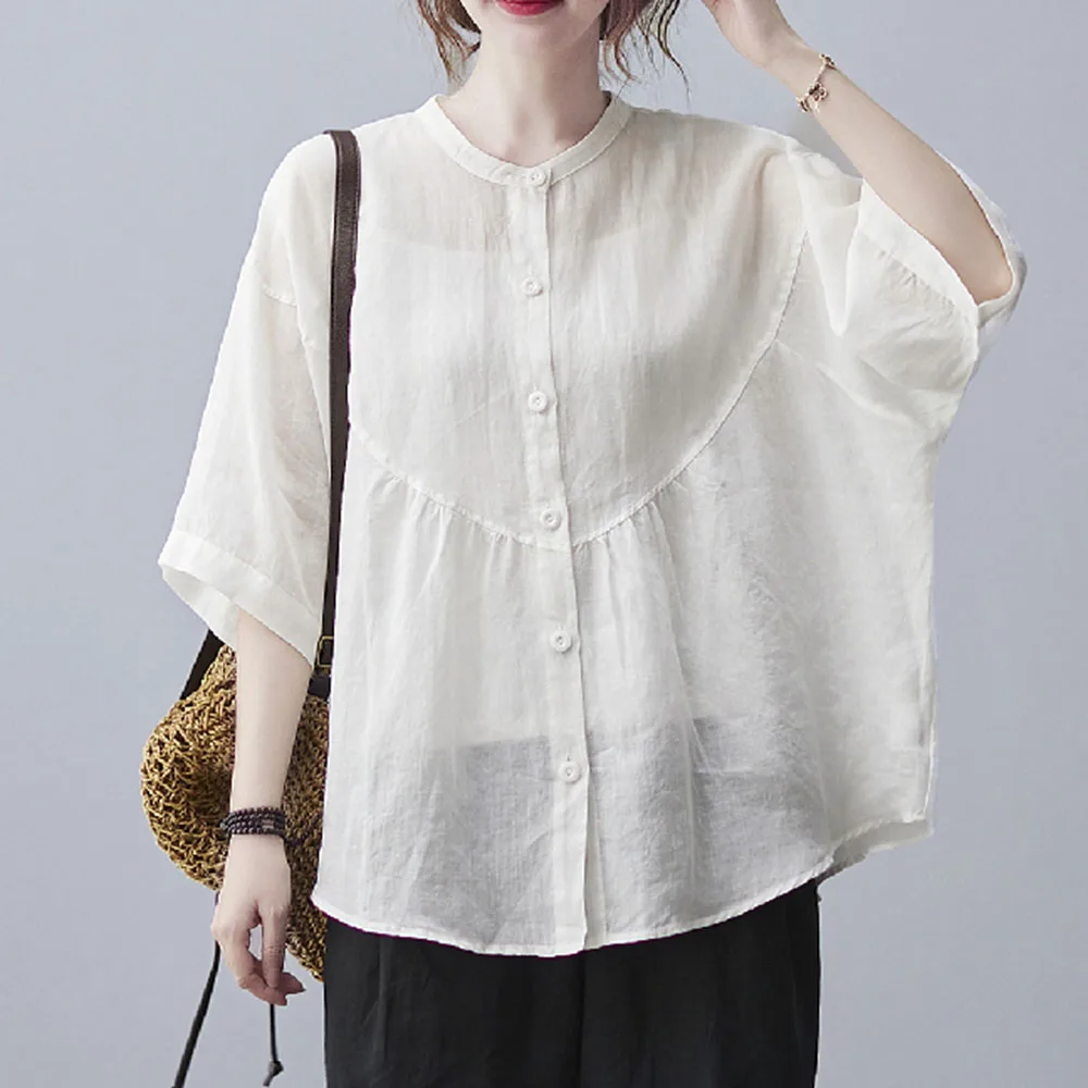 

2021 Summer New Solid Color Loose Casual Japanese Style Simplicity Temperament Blouse Round Neck Summer Single-breasted
