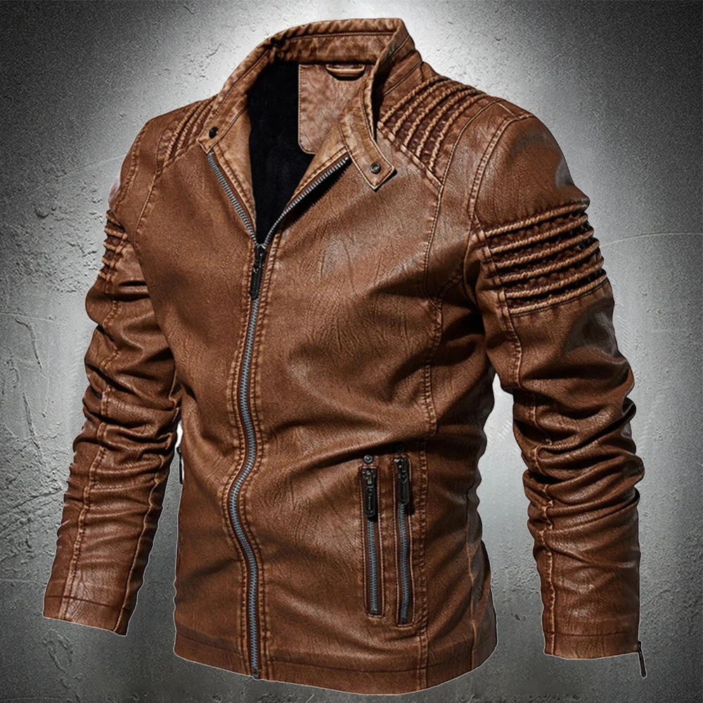 

Кожаная мужская куртка, стильная мотоциклетная куртка, тонкое пальто, теплая Модная одежда, мужская осенняя куртка с воротником-стойкой, ба...