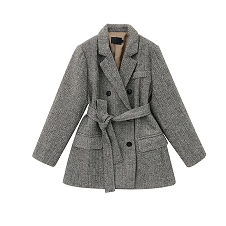Шерстяное пальто на осень и зиму женское повседневное длинное серое двубортное