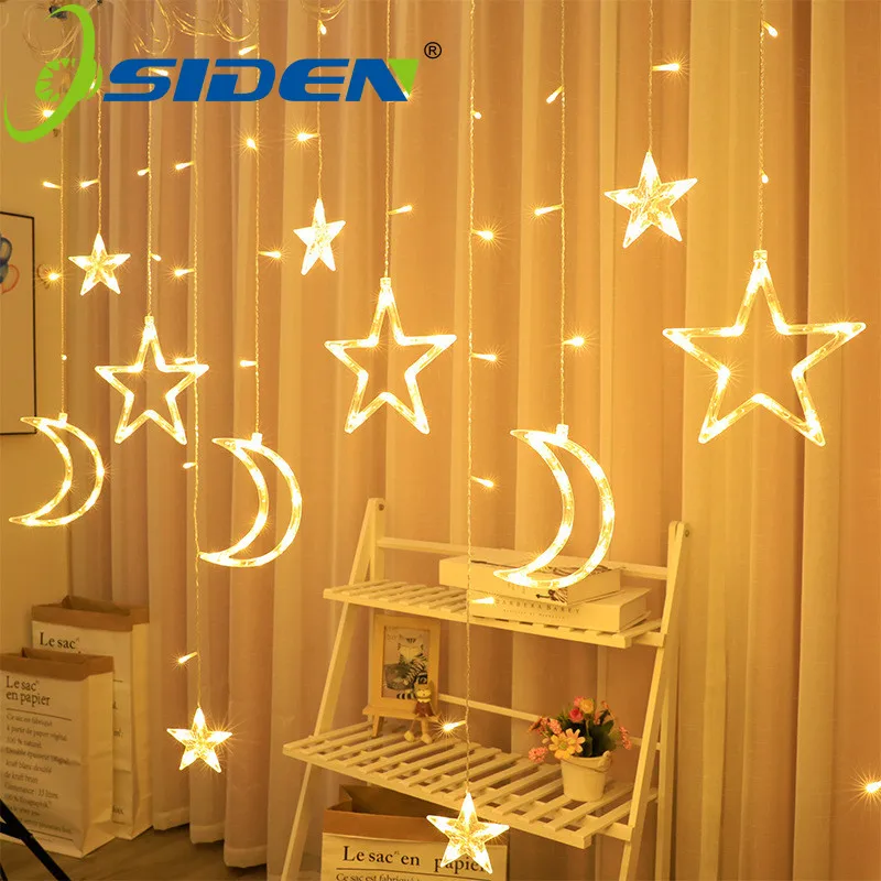 

Star Moon Led Curtain Garland String Lights Icicle 3.5M 220V Outdoor Lamp For Bar Bedroom Wedding Party Garden Window Mall Decor
