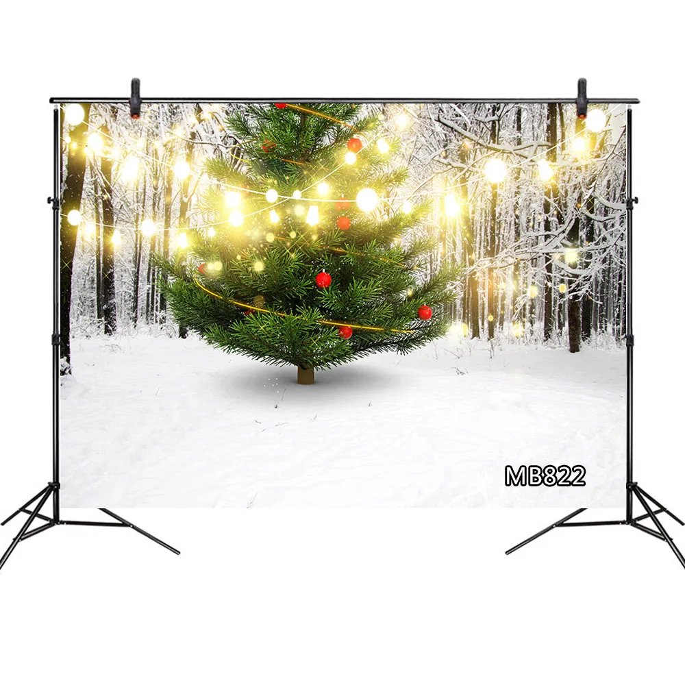 Фон для фотосъемки с изображением зимнего леса снега рождественской елки шаров