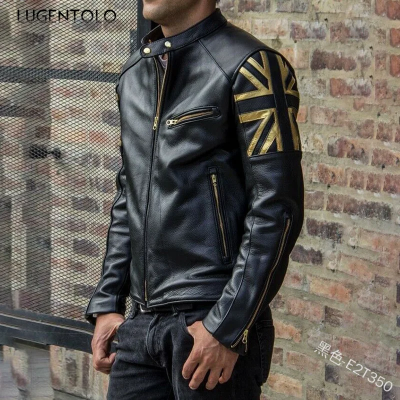 

Luegntolo Men PU Faux Leather Stand Collar Jacket Large Size Fashion Zipper Pocket Men's Casual Street Autumn Trend Coats