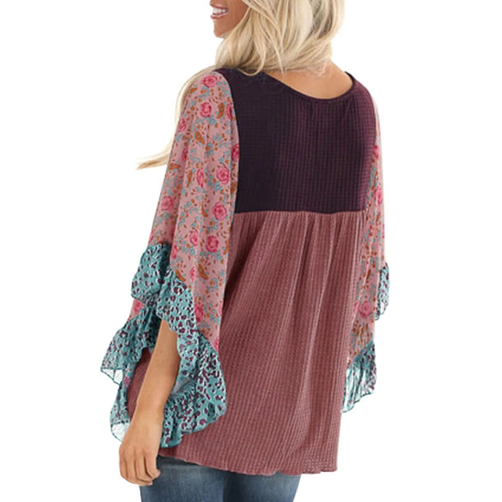 

Plus Size Knitted Floral Print Blouse Shirt Ruffles O-Neck Tops Casual Winter Ladies Female Women Long Sleeve Blusas Pullover