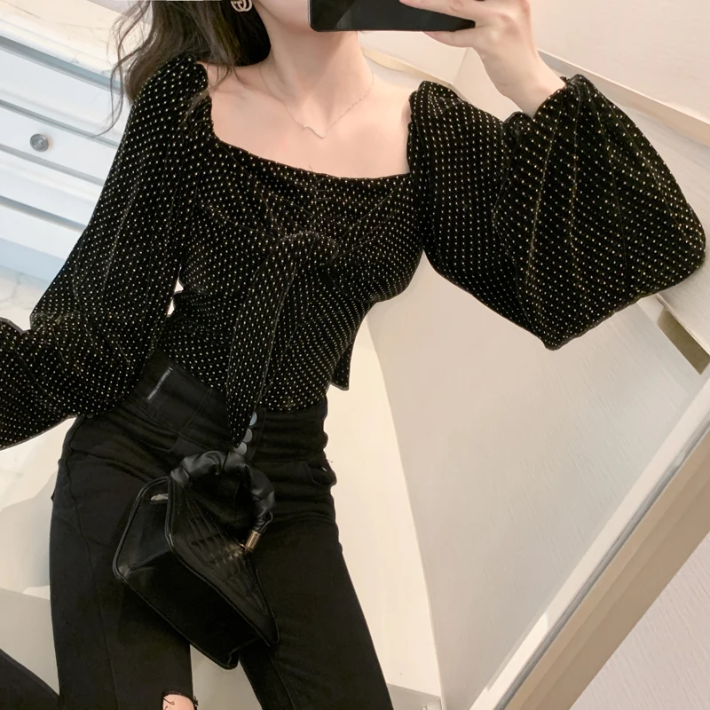 

female U collar up wear velvet coat shirt waist show thin render slim clothes 1271