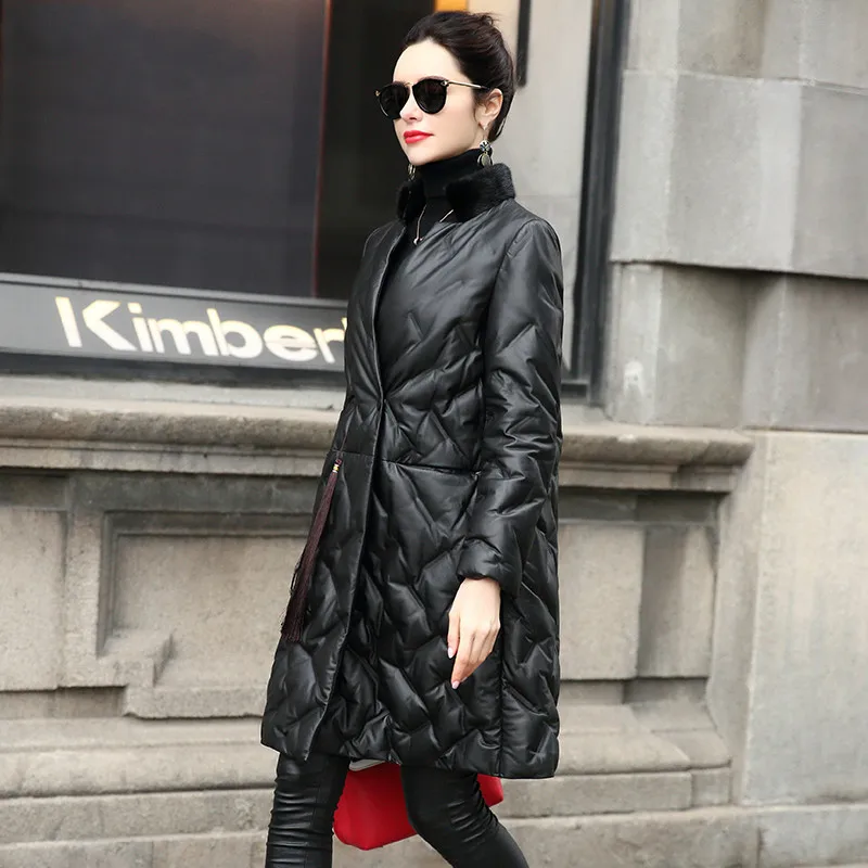 Натуральная женская куртка из натуральной кожи норковый меховой воротник овчина