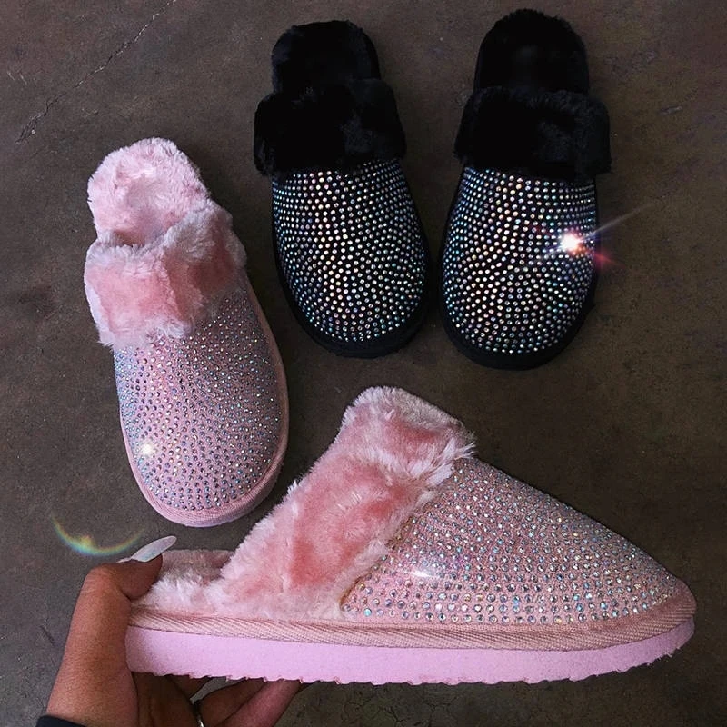 

2020 Winter Women Slippers Rhinestone Warm Fur Slippers Home Indoor Bedroom Slippers Crystal Ladies Plush Slides Women Shoes