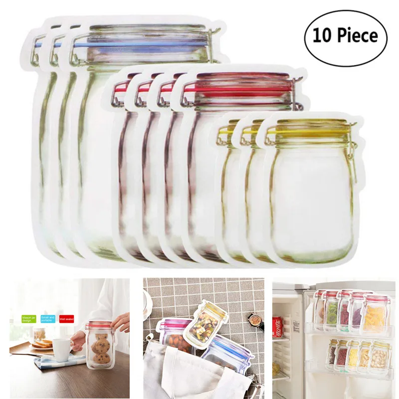 

5/10pcs Reusable Mason Jar Bottles Bags Nuts Candy Cookies Bag Fresh Food Storage Bag Snacks Zipper Sealed Kitchen Organizer