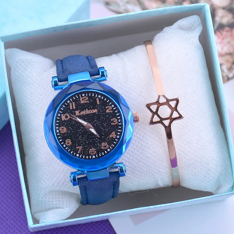 Blue no bracelet Модные женские часы Звездное небо, лидер продаж, кожаный браслет, кварцевые наручные часы, повседневные женские часы, Relogio Feminino - Цвет: Blue no bracelet