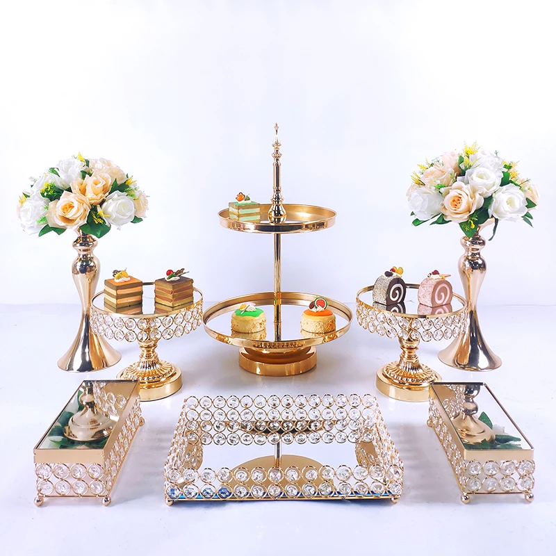 

8pcs Crystal Metal Cake Stand Set Acrylic Mirror Cupcake Decorations Dessert Pedestal Wedding Party Display Tray