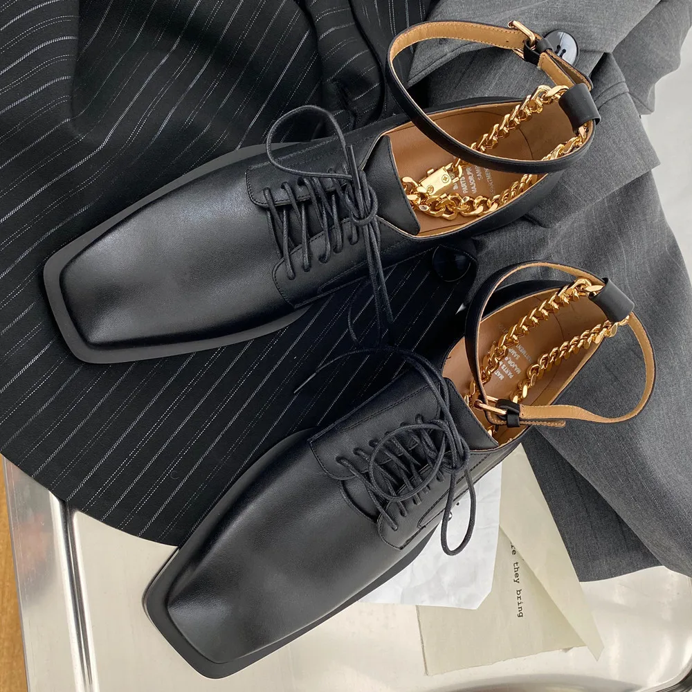 

Women's leather lace-up ankle strap flats oxfords square toe casual female soft comfort footwear chain decoration fashion shoes
