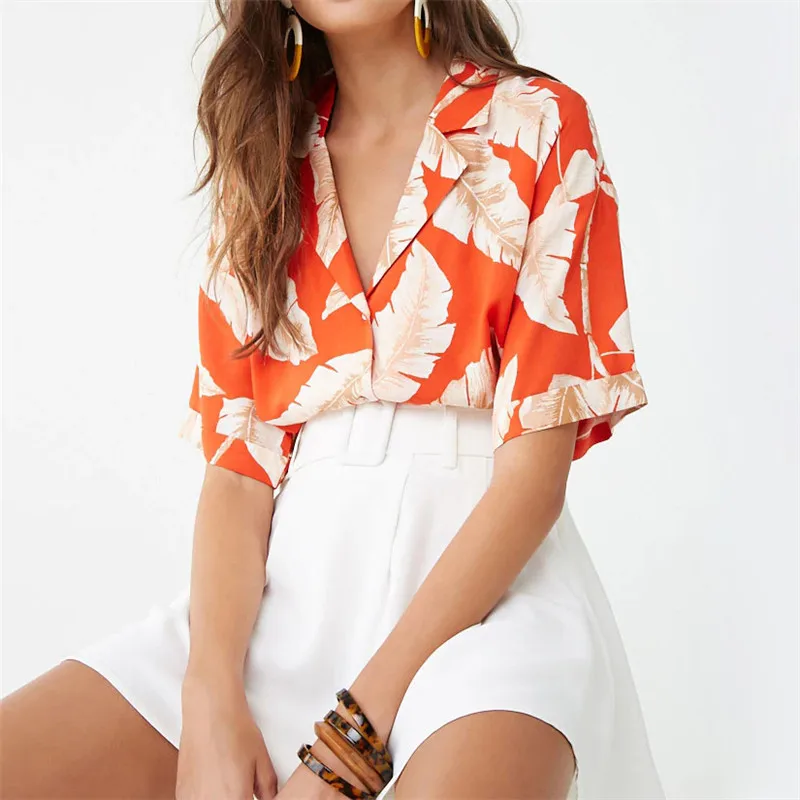 

New Women's Retro Wind Leaves Print Loose Thin Shirt Women Streetwear Roupas Femininas Bluse Women Summer Tops for Women 2019