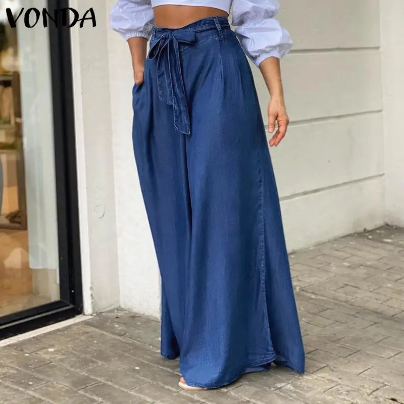 VONDA 2022 Autumn Women High Waist Long Pants Fashion Palazzo Casual Belted Loose Solid Party Streetwear Pantalon Femme Oversize - купить по