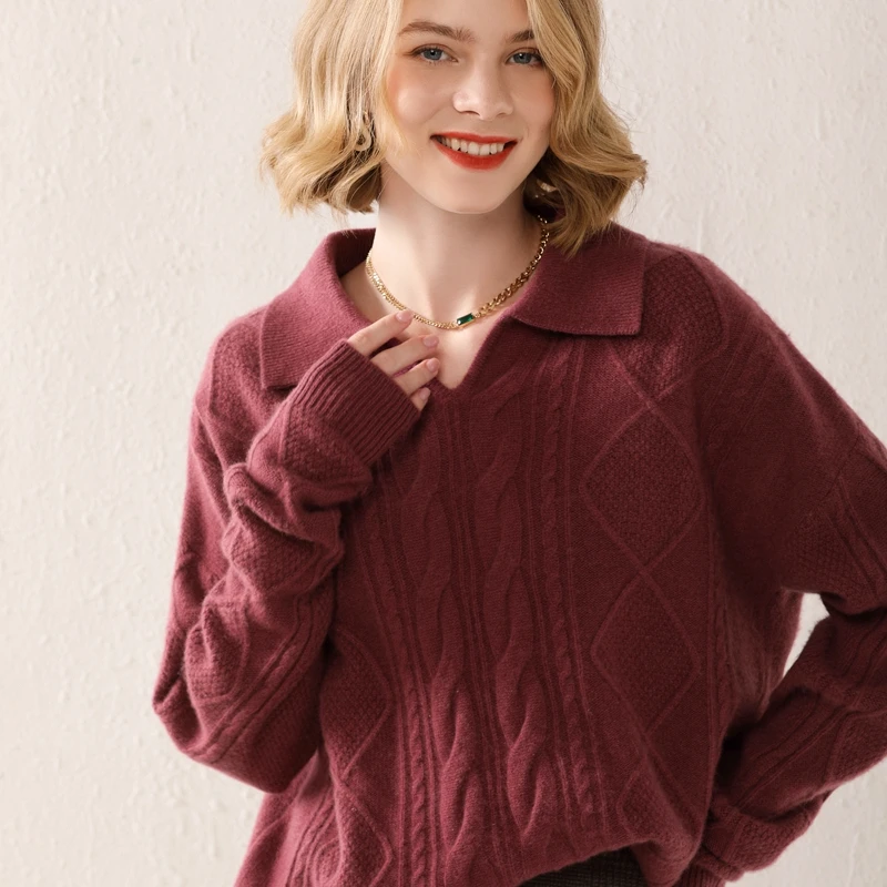

Cashmere sweater women's V-neck knitted pullover 100% wool thick warm long-sleeved sweater loose plus size women's top