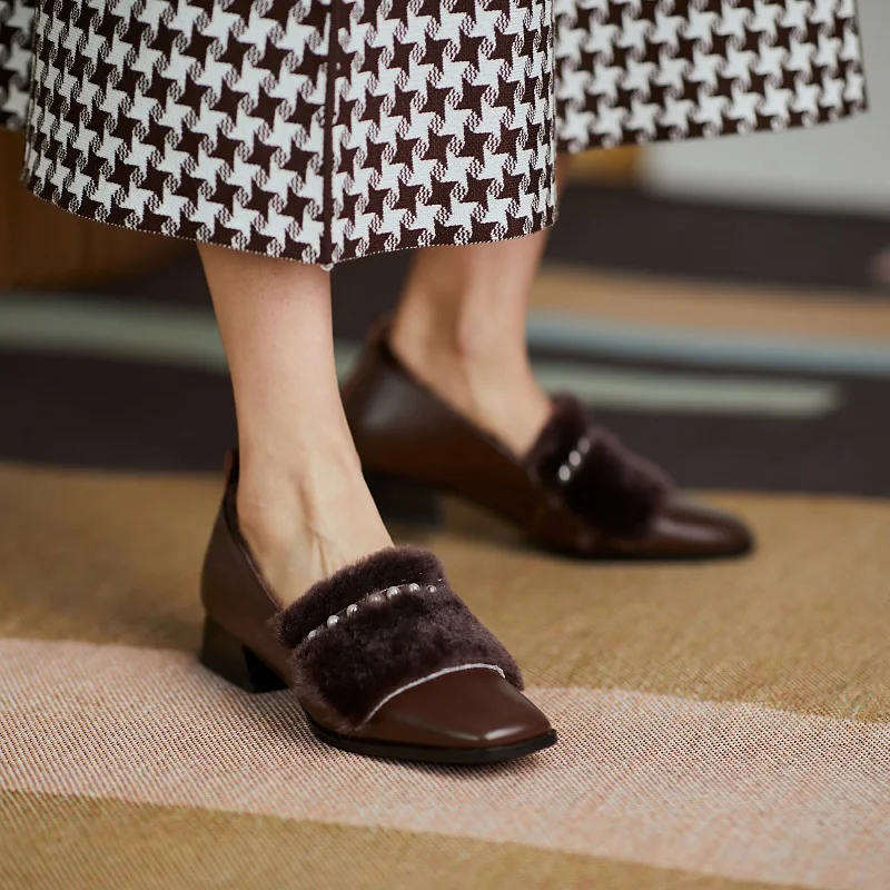 

2020 autumn winter warm shoes cow leather plus velvet fur home office casual shoes Korean fashion single party shoes woman pumps