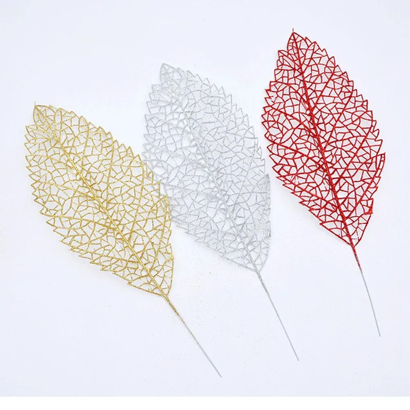 

20pcs 30CM For christmas decoration artificial plastic leaf Xmas leaves gold dust powder silver red