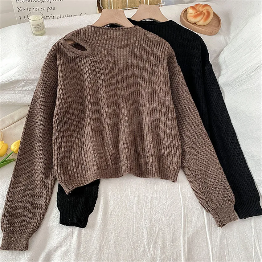 Свитер женский вязаный Осень-зима с вырезами на плечах | Женская одежда