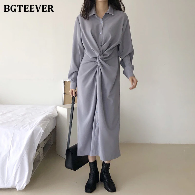 Женское однобортное платье рубашка BGTEEVER повседневное Длинное свободное с