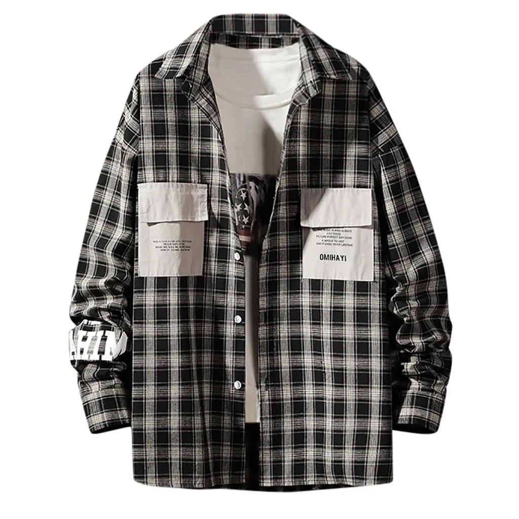 Plaid Shirts Men Casual Button Long Sleeve Autumn Winter Tops Blouse Loose Mens Dress Hip Hop Plus Size M-5XL Camisa Masculina # | Мужская