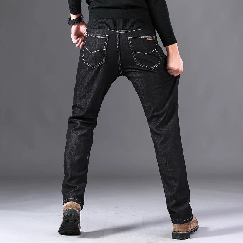 Супер предложение Новое поступление мужские зимние плотные стрейч джинсы теплые флисовые черные синие утепленные мужские джинсы плюс размер 38 40