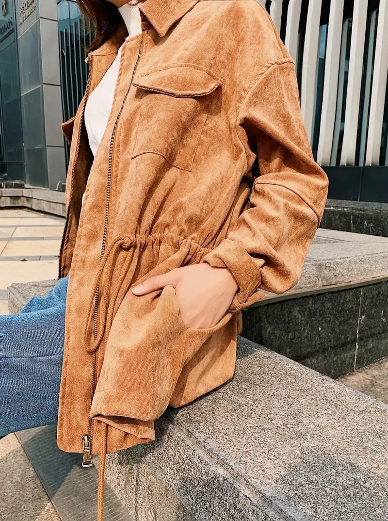 

TMODA768 Za 2021 Chic Lapel Army Green Cardigan Casual Long Sleeve Drawstring Windbreaker Double Pockets Jacket Spliced Tops