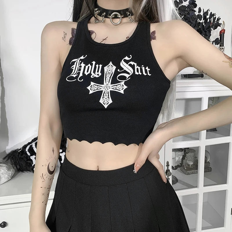 

Gothic tank tops for women 2021 summer Slim Sexy Print Streetwear Asymmetric Camisole Aesthetic Sleeveless Basic Black Crop Top