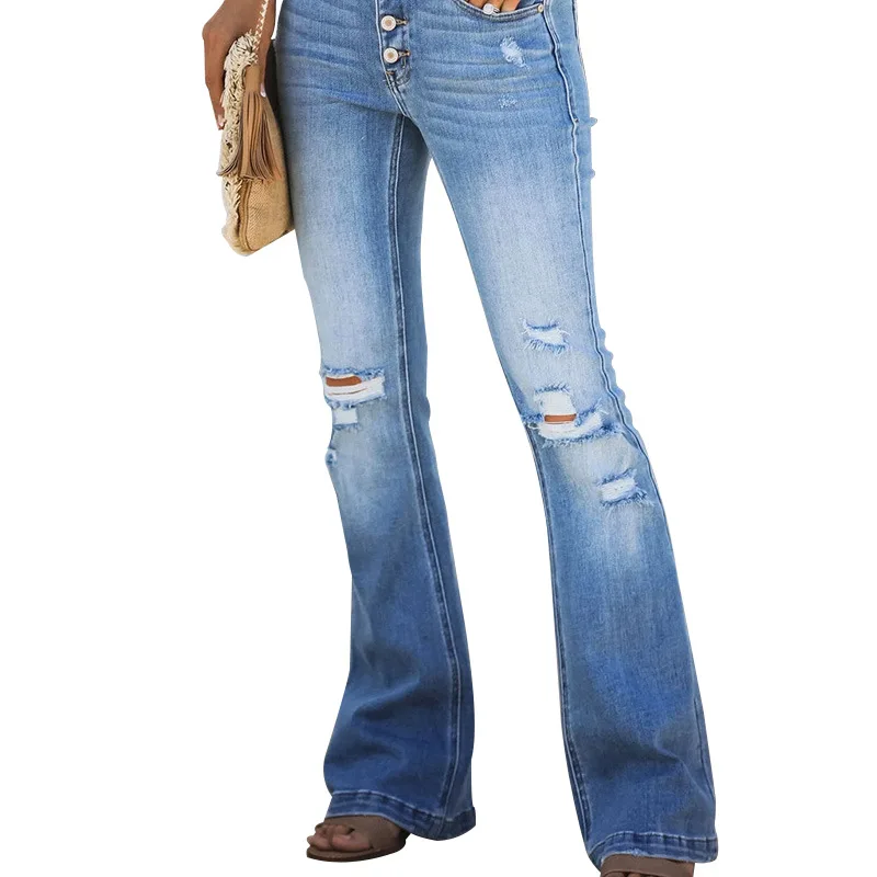 

Женские рваные джинсы-клеш с завышенной талией, широкие брюки в уличном стиле