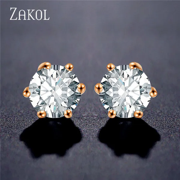 ZAKOL классические зеленые AAA серьги с цирконием кубической огранки круглые хрустальные серьги-гвоздики для девушек для женщин многоцветные модные ювелирные изделия brincos - Окраска металла: Rose Gold
