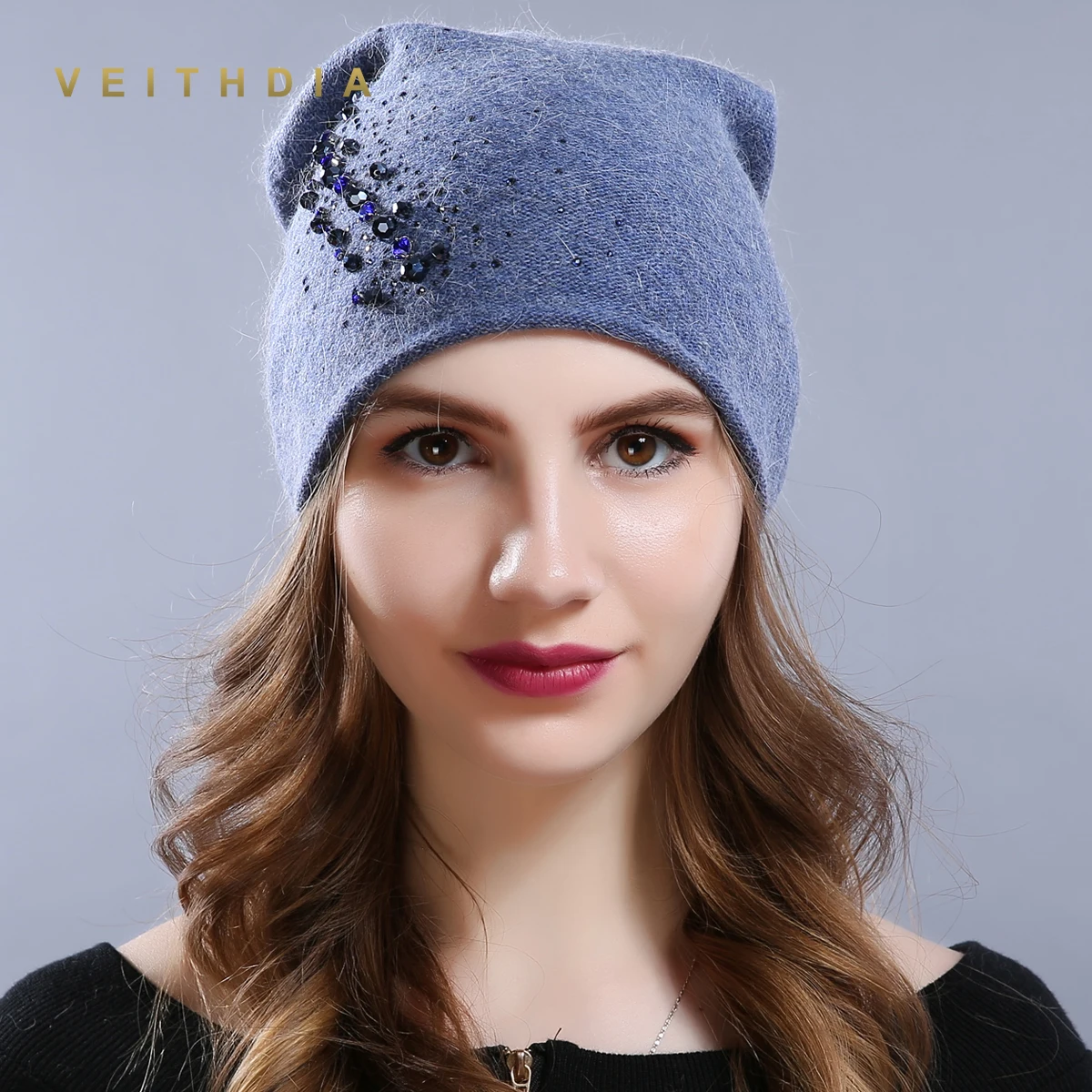 

Women's Hats VEITHDIA Female Cashmere Casual Autumn Winter Brand New Crystal Double Layer Thick Knitted Girls Skullies Beanies