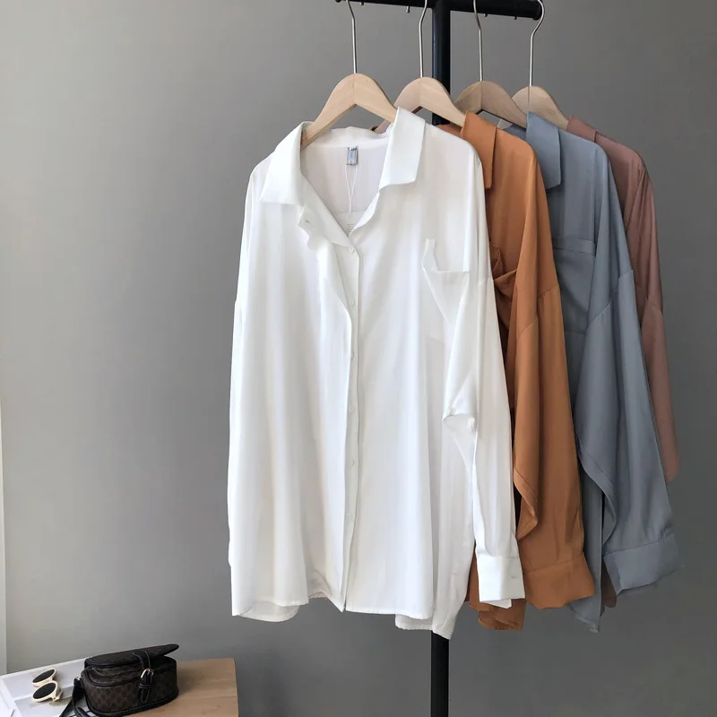 

2021 Spring Autumn White Shirt Women's Double Placket Solid Color Long Sleeve Lapel Blouse Tops Female 1730