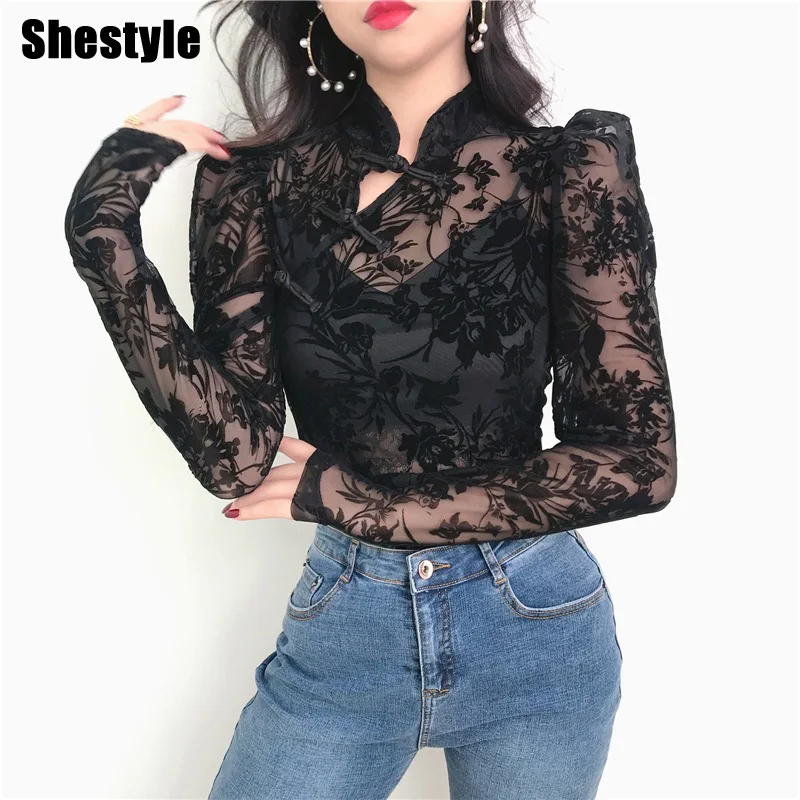 Shstyle Сетчатое прозрачное боди для женщин Ретро Винтаж Черный цветок мандерин