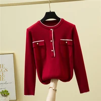 womens knitted pullover o neck long sleeve casual knitwear female patchwork button loose stretch ribbed autumn new knit sweater