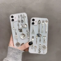 funny cutlery set phone case for iphone 12 11 pro max x xr xs max 7 8 plus se 2020 3d cute mini tableware clear soft cases cover