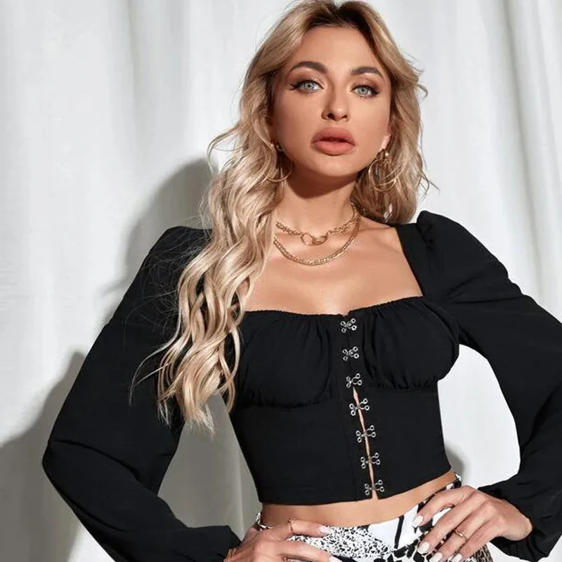 

Модный сексуальный суперкороткий Топ, однотонный топ с длинными рукавами-фонариками на пуговицах для женщин, сезон осень-зима 2021, повседнев...